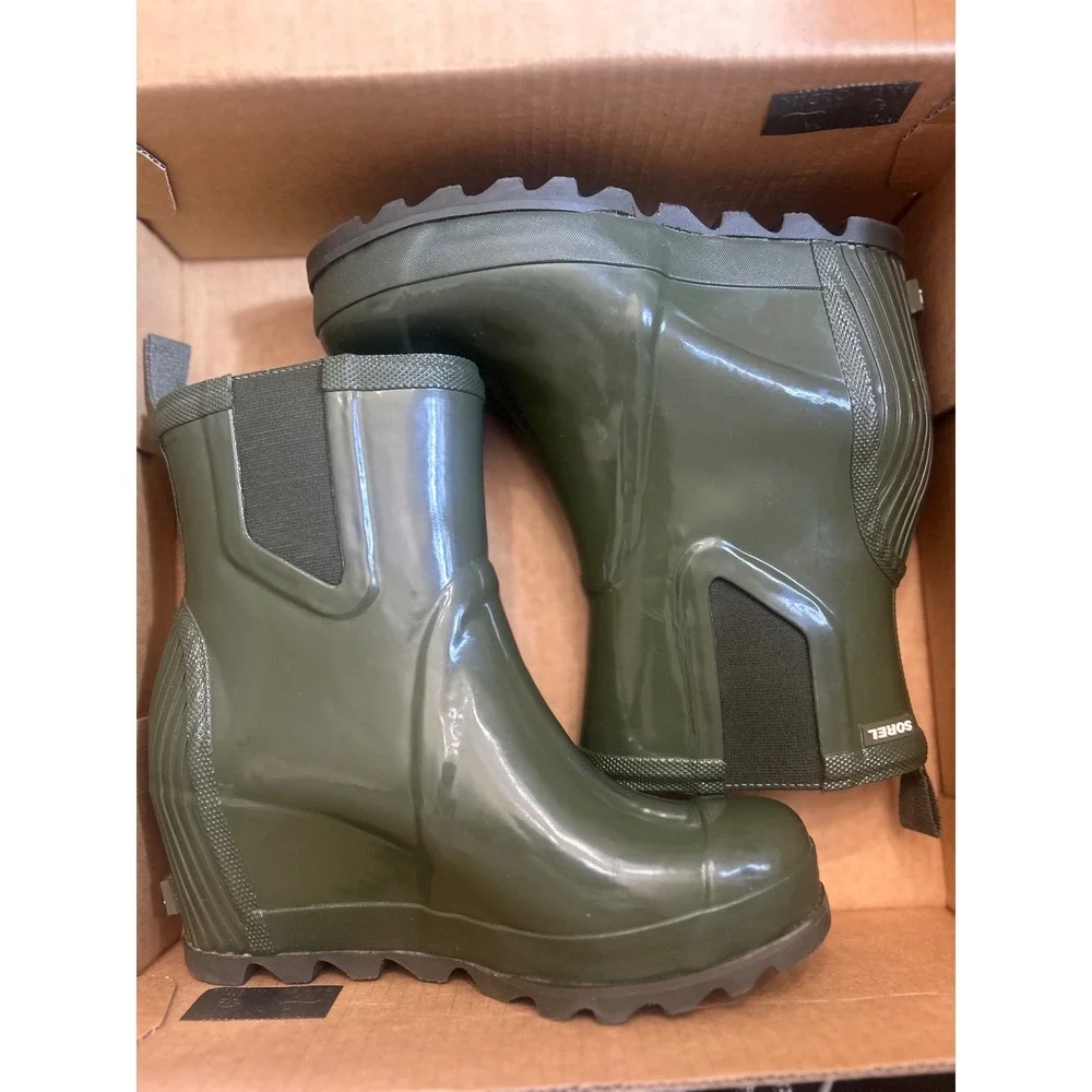 Sorel Joan Rain Wedge Chelsea Gloss Boots Nori Green Waterproof Womens 8.5